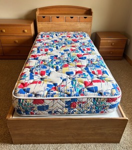lot 200 image: Twin-Size Wooden Platform Bed with Storage and Mattress