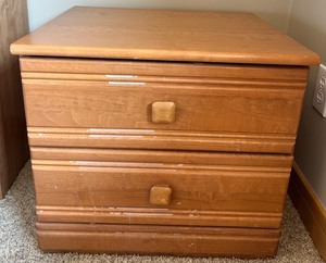 lot 203 image: Palliser Two-Drawer Wooden Nightstand with Scratches