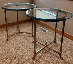 lot 207 image: 2 Brass and Glass Side Tables - Round and Triangular