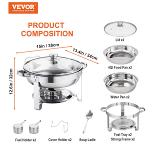 lot 21 image: Vevor - 4 qt. Chafing Dish Buffet Set Stainless Steel Chafer with 2 Full Size Pans