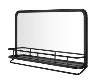 lot 34 image: Home Decorators Collection - Medium Modern Rectangular Black Framed Mirror with Shelf (30 in. W x 16 in. H)