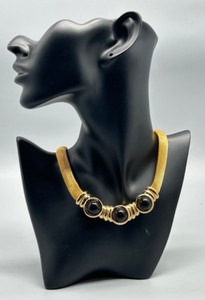 lot 44 image: RARE 1980s Runway Elegant Gold-Tone Mesh Necklace with Black Enamel Accents by Ginnie Johansen