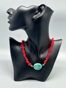 lot 46 image: Vintage BARSE 925 Silver Red Coral Necklace with Turquoise Pendant