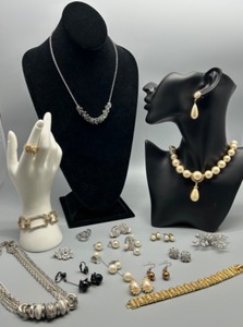 lot 52 image: Collection of Assorted Jewelry Rhinestones & Pearls Featuring Trifari, DOrlan and Monet