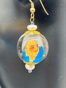 lot 54 image: Handcrafted Reverse Painted Inside Ball Chinese Wisemen Earrings with Biwa Pearls