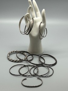lot 55 image: Vintage & Antique Set of 15 Sterling Silver Bangle Bracelets - Various Designs