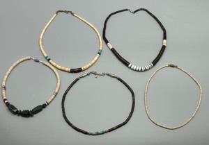 Set of 5 Vintage Domingo Heishi, Jade, Pipestone & Puka Beaded Necklaces Native American Style