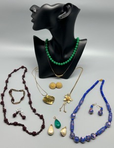 lot 61 image: Collection of Vintage Jewelry Necklaces, Earrings, Murano Aventurine, Garnet Seed Jewelry