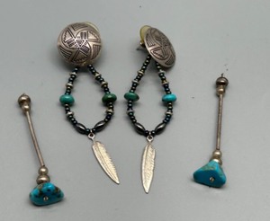 lot 81 image: Vintage Sterling Silver and Turquoise Feather Earrings Set Including Liquid Silver Add on Dangle Pieces