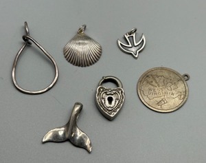 lot 90 image: Set of 6 Assorted Mostly Sterling Silver Charms Including West Virginia Pendant