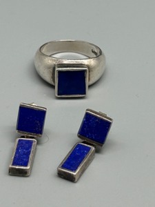 lot 97 image: Artisan Sterling Silver Ring and Earrings Set with Lapis Lazuli