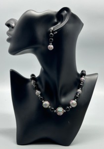 lot 102 image: Elegant Black Beaded Necklace and Earring Set with Sterling Silver Cloisonne Details