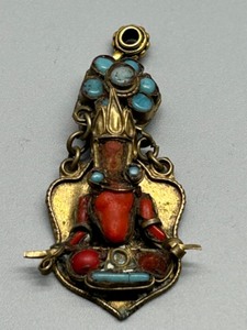 lot 114 image: Vintage Brass and Coral Tibetan Pendant with Turquoise Accents
