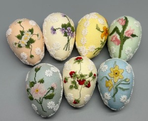lot 155 image: Set of 7 Handcrafted Floral Cross-Stitch Egg Ornaments