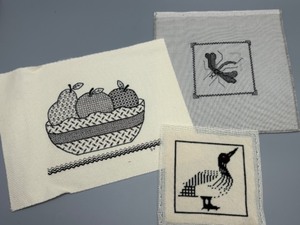 lot 156 image: Set of 3 Needlework Pieces with Bird, Fruit Basket, and Insect Designs