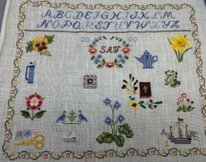 lot 160 image: Vintage Hand-Embroidered Alphabet & Motifs Sampler