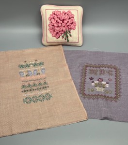 lot 163 image: Lot of Handcrafted Needlework Floral Cross-Stitch Cushion and Linen Samplers