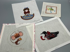 lot 178 image: Set of 4 Hand painted  Needlepoint Canvas Designs Signed by Gloria, Betsy B. & Yudi