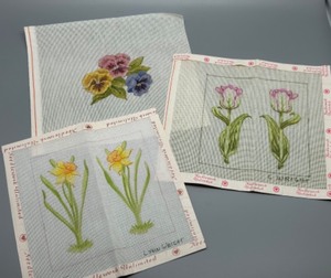 lot 179 image: Collection of 3 Hand-Painted Needlepoint Canvases with Floral Designs By Lynn Wright & One Unsigned