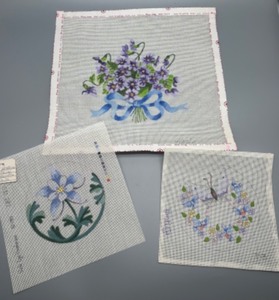 lot 180 image: Set of 3 Floral Hand-Painted Needlepoint Canvases Signed by V. Henderson, Yudi & Gloria
