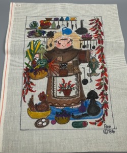 lot 181 image: Vintage 1986 Needlepoint Canvas with Charming Monks Kitchen Design Signed by Ann