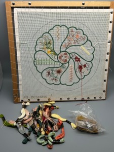 lot 184 image: P3 DESIGNS Hand Painted Needlepoint Canvas On Stretcher Complete with DMC Thread- Started- No Instructions