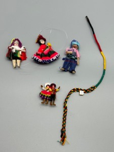 lot 217 image: Collection of 5 Handmade Guatemalan Worry Doll Ornaments & Woven Necklace