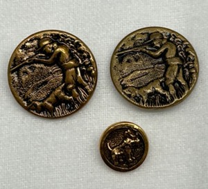 lot 226 image: Set of 3 Antique Brass Buttons Depicting Hunter With Dog and Terrier Dog Design