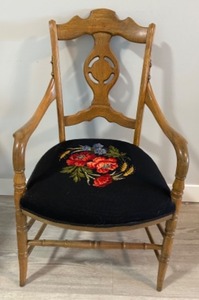 lot 240 image: Antique Sturdy Wooden Armchair with Needlepoint Floral Seat