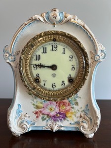 lot 242 image: RARE Antique ANSONIA Royal Bonn La Cheze Mantel Clock with Floral Design Interesting Colors 