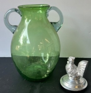 lot 284 image: Green Glass Double Handle Jug with Metal Rooster Lid