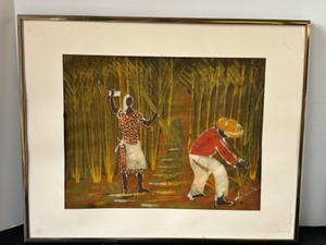 lot 287 image: Framed Folk Art Painting Signed by Artist - Harvest Scene