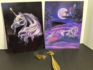 lot 295 image: Lot of 2 Susan J. Dawe Unicorn Art Prints with Brass Unicorn Shoe Horn and Horse Head Keychain