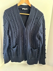 lot 297 image: White  Warren Navy Cable Knit Cardigan Sweater, Size Small
