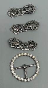 lot 317 image: Set of 3 Nordic Pewter Metal Sweater Hook Buttons and Rhinestone Belt Buckle