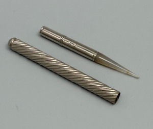 lot 319 image: Victorian Travel Sterling Silver Pencil Holder with Unusual Marble Stone Piece Set in Place