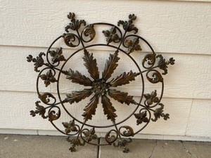 lot 327 image: Large Decorative Metal Wall Art with Scrollwork and Floral Center 34 Diameter