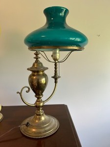 Antique Victorian Electrified Brass Company One Arm Student Lamp W/ Green Glass Shade