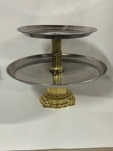 lot 328 image: Two tiered Serving Cake, Appetizer, Cupcake Tray Gold & Silver Ornate Wedding Event Serving Piece