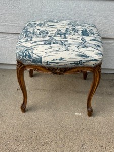 lot 342 image: Antique Carved Wood Stool with Horse Racing Toile Upholstery