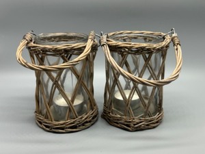 lot 345 image: Large Pair of Wicker and Glass Candle Lanterns with Handles
