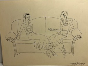 lot 358 image: 1931 Signed Ink Drawing of Women on Couch by Lolita Johnson