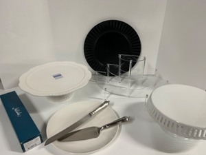 lot 370 image: Cake Plates Cupcake Display Items Lot White & Black Silver Cutting Tools Wedding Party