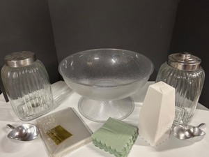 lot 374 image: Party Supplies Popcorn Treats Goodies Display Serving Lot Bowls scoops Baggies Cartons Napkins and Jars