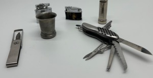 lot 321 image: Lot of Silver Metal Items including Multi-tool pocket knife- Stanley Knife, Pewter Shot Glass, Penguin lighter & More