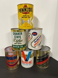 lot 323 image: Vintage Lot of 6 Cardboard Collectible OIL CANS For Man Cave Collectible Full Cans