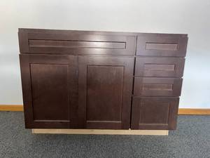 lot 4 image: Dark Wood Sink Vanity Cabinet  3 Drawers & 2 Doors