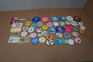 lot 259 image: Assorted Vintage Collectibles - Pins, Tickets, Pennant