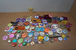 lot 277 image: Assorted Vintage Collectibles - Pins, Patches, Trophy