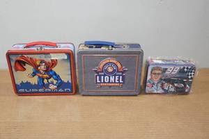 lot 283 image: 3 Metal Novelty Lunch Boxes - Superman, Lionel, NASCAR